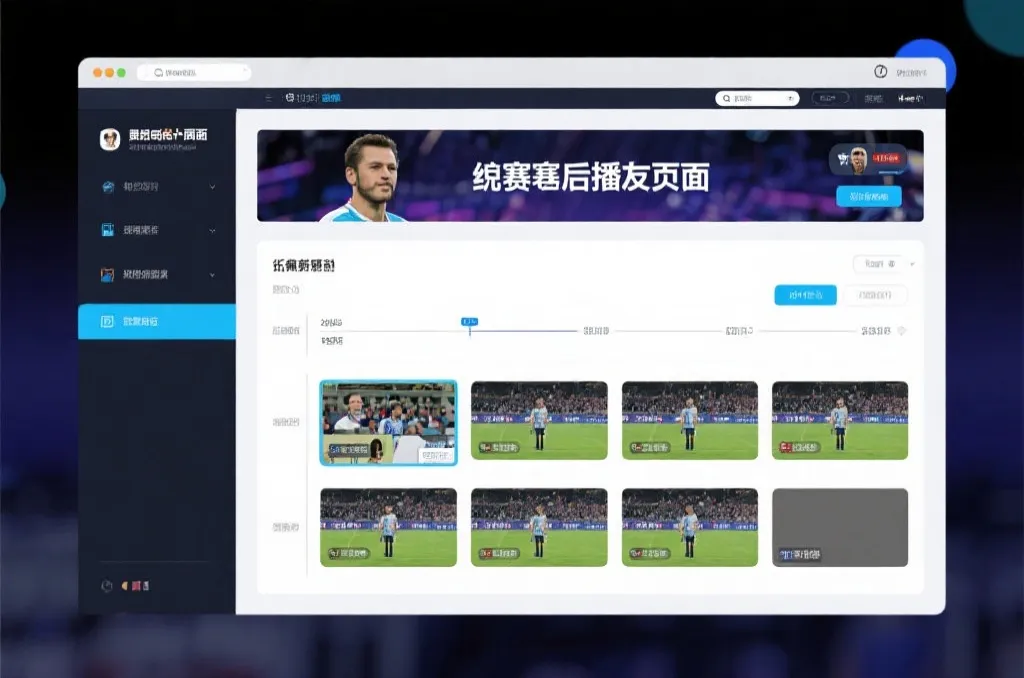 比赛结束后，电视屏幕展示集锦回放页面，旁边有时间轴和多角度切换提示